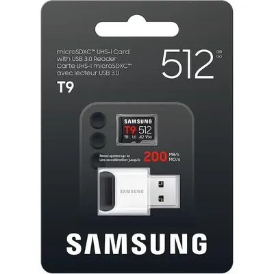 Samsung T9 microSDXC Speicherkarte 512GB (200 MB/s, Class 10, A2, V30, U3) mit Reader
