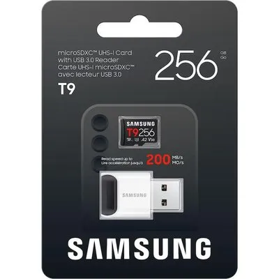 Samsung T9 microSDXC Speicherkarte 256GB (200 MB/s, Class 10, A2, V30, U3) mit Reader