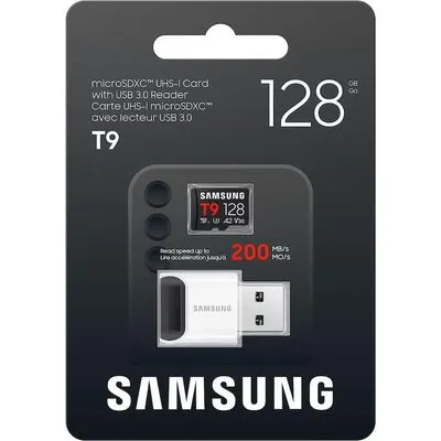 Samsung T9 microSDXC Speicherkarte 128GB (200 MB/s, Class 10, A2, V30, U3) mit Reader