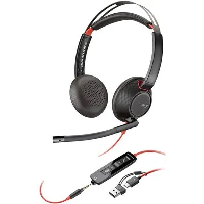 Poly Blackwire 5220 Schwarz Kabelgebundenes Stereo-Headset, USB-C/A und 3.5 mm Klinkestecker, unterstützt Poly Lens