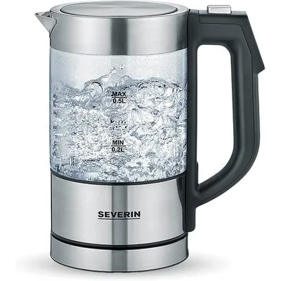 Severin WK 3458 Digitaler Mini Glas-Wasserkocher 1100W 0,5l transparent/schwarz/silber