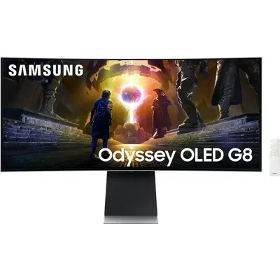 Samsung Odyssey OLED G8 S34DG850SU - G85SD Series - OLED-Monitor - Smart - Gaming - gebogen - 86.4 cm (34) - 3440 x 1440 UWQHD @ 175 Hz - 250 cd/m² - 1000000:1 - HDR10+ Gaming, HDR10+, HDR10 - 0.03 ms - 2xHDMI, DisplayPort - Lautsprecher - Silber (LS34DG850SUXEN)