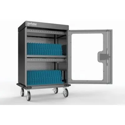 MANHATTAN 32-Port USB-C Ladeschrank auf Rollen 576 W 32 USB-C PD-Ports, geräumige Fächer für Chromebooks, Handys und Tablets bis zu 15.6, 576 W gesamt, bis zu 18 W pro Port, Überspannungsschutz, leiser Lüfter, Metallgehäuse, schwarz (102353)