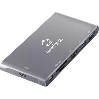 Renkforce RF-PCR-550 Externer Speicherkartenleser / Hub USB 3.2 Gen 1 (USB 3.0), HDMI®, USB-C Grau-Aluminium (RF-4599772)