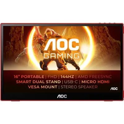 16G3 40 cm (16") mobiler Gaming Monitor schwarz/rot, Widescreen Full HD (1920x1080), 4 ms Reaktionszeit
