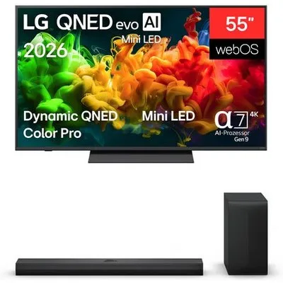 55QNED8EB3B 139 cm (55") QNED evo MiniLED AI TV inkl. DS70TY Soundbar + Subwoofer, 4K Ultra HD, Smart-TV, HDR-Wiedergabe, DVB-T2/DVB-C/DVB-S2