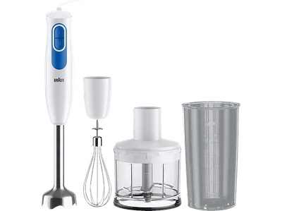 BRAUN Multiquick MQ 20.236M Pürierstab mit Zubehör-Set, 2 Geschwindigkeiten, Stabmixer Weiß/Blau (600 Watt, 500 ml Zerkleinerer, 600 Messbecher)