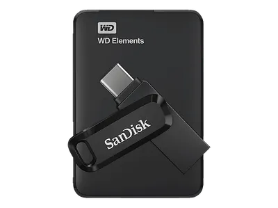 WD Elements Portable 2TB + 64GB USB Bundle, 2 TB HDD, 2,5 Zoll, extern, Schwarz