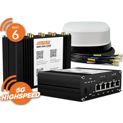 SELFSAT MWR 6550 eSIM 5G Cat 19 WiFi 6 WLAN Router bis 3,4 Gbps inkl. SATCO 5G Antenne weiß