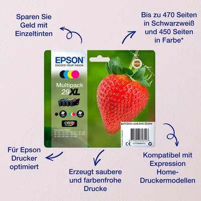 Epson 29 Tintenpatronen 4er-Pack 4x Farben Claria Home Ink Für Kompatibilität, siehe Artikel-Beschreibung | 4x Tintenpatronen: Schwarz, Magenta, Gelb