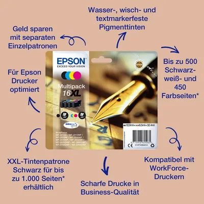 Epson 16 Tintenpatronen 4er-Pack 4x Farben DURABrite Ultra Ink Für Kompatibilität, siehe Artikel-Beschreibung | 4x Tintenpatronen: Schwarz, Magenta, G