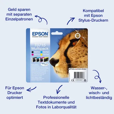 Epson T0715 Tintenpatronen 4er-Pack 4x Farben DURABrite Ultra In Für Kompatibilität, siehe Artikel-Beschreibung | 4x Tintenpatronen: Schwarz, Magenta,