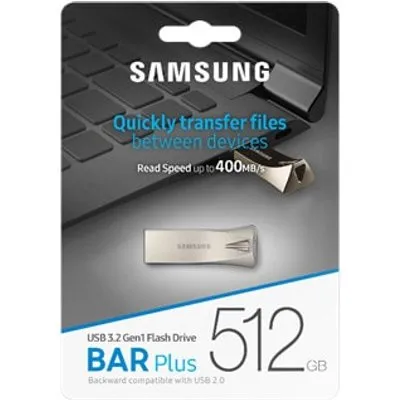 Samsung BAR Plus (2024) Typ-A 512GB USB-Stick Silber Ohne Schutzkappe, bis zu 400 MB/s, USB 3.2 Gen 1x1 (5 Gbit/s)