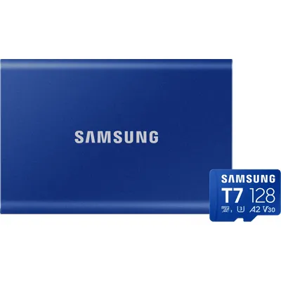 Samsung T7 Portable SSD 2TB Blau + Samsung microSDXC T7 128GB 170 MB/s