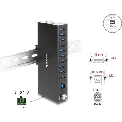 Delock Industrie Hub 10 x USB 5 Gbps Typ-A mit 8 kV ESD Schutz und Hutschienenbefestigung (60792)