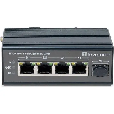 LevelOne 5-Port Gigabit Industrial Switch - DIN-Schiene - -30°C to 65°C - Gigabit Ethernet (10/100/1000) - Vollduplex - Power over Ethernet (PoE) - Wandmontage (IGP-0501)