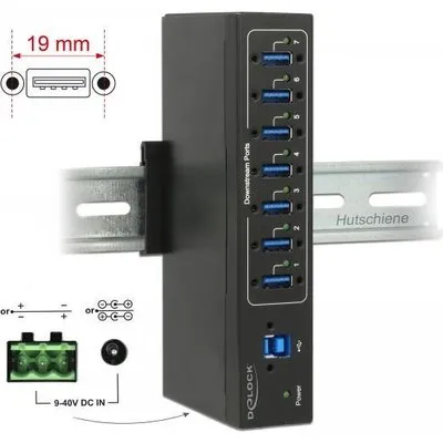 DeLock External Industry Hub 7 x USB 3.0 Type-A with 15 kV ESD protection - Hub - 7 x SuperSpeed USB 3.0 - wandmontierbar - Gleichstrom
