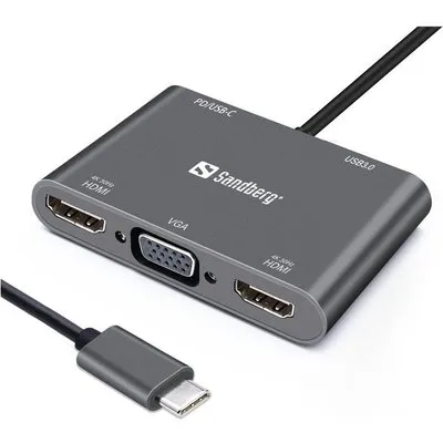 Sandberg USB-C Dock 2xHDMI+1xVGA+USB+PD - Verkabelt - USB 3.2 Gen 1 (3.1 Gen 1) Type-C - Grau - 4K Ultra HD - 3840 x 2160 Pixel - 1920 x 1080 Pixel (136-35)