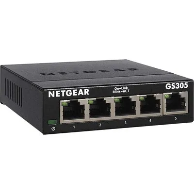 NETGEAR GS305 LAN Switch 5 Port Netzwerk Switch (Plug-and-Play Gigabit Switch LAN Splitter, LAN Verteiler, Ethernet Hub lüfterlos, robustes Metallgehäuse), Schwarz