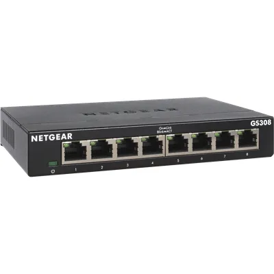 NETGEAR GS308 LAN Switch 8 Port Netzwerk Switch (Plug-and-Play Gigabit Switch LAN Splitter, LAN Verteiler, Ethernet Hub lüfterlos, robustes Metallgehäuse mit Ein-/Ausschalter), Schwarz