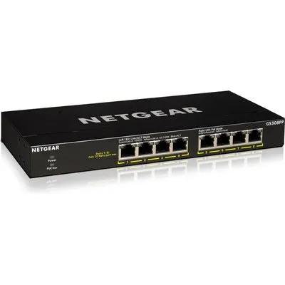 NETGEAR 8-Port Gigabit Ethernet Unmanaged Essentials PoE+ Switch (GS308PP): mit 8 x PoE+ bei 83 W, Desktop- oder Wandbefestigung