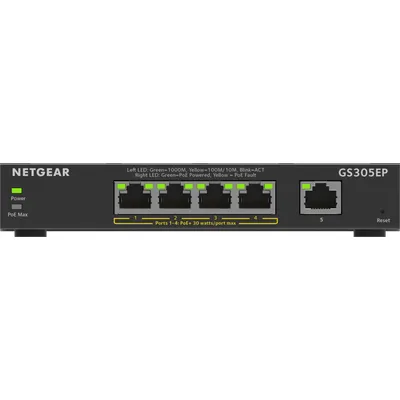 NETGEAR GS305EP PoE Switch 4 Port Gigabit Ethernet LAN Switch PoE+ 63W Plus (5 Ports Plug-and-Play, Managed Netzwerk Switch PoE, IGMP Snooping, QoS, VLAN, Lüfterloses Metallgehäuse)