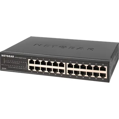 Netgear GS324 24 Port Switch Gigabit Ethernet LAN (Plug-and-Play Netzwerk, lüfterlos, 19 Zoll Rack-Montage, Robustes Metallgehäuse), Schwarz