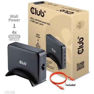Club 3D Reiseladegerät 240 Watt GaN-Technologie, 4 x USB Typ-C, Power Delivery (PD) 3.1 und PPS-Unterstützung