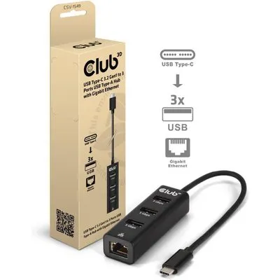 Club 3D USB Typ-C 3.2 Gen1 auf 3 Port USB Typ-A Hub mit Gigabit Ethernet