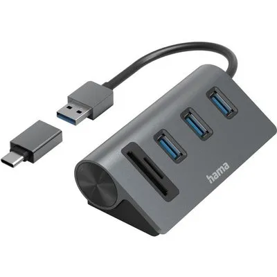 Hama 00200140 USB-Hub/Kartenleser, 5 Ports, 3x USB-A, SD, microSD, inkl. USB-C-Adapter