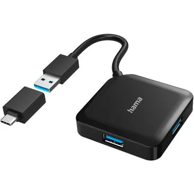 Hama 00200116 USB-Hub, 4 Ports, USB 3.2 Gen1, 5 Gbit/s, inkl. USB-C Adapter