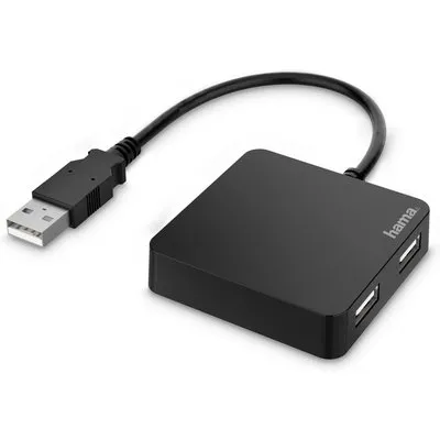 Hama 00200121 USB-Hub, 4 Ports, USB 2.0, 480 Mbit/s, Schwarz