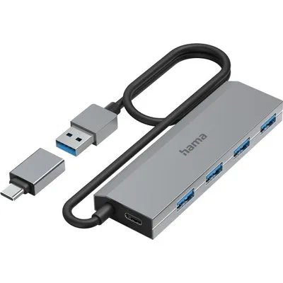 Hama 00200138 USB-Hub, 4 Ports, USB 3.2 Gen1, 5 Gbit/s, Ultra Slim, inkl. USB-C-Adapter + Netzteil