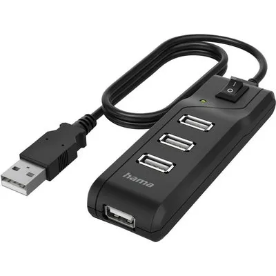 Hama 00200118 USB-Hub, 4 Ports, USB 2.0, 480 Mbit/s, Schwarz mit Einschalter