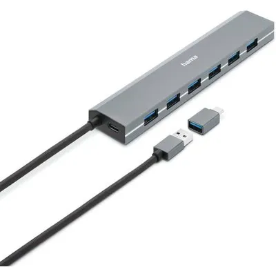 Hama 00200137 USB-Hub, 7 Ports, USB 3.2 Gen1, 5 Gbit / s, inkl. USB-C-Adapter und Netzteil
