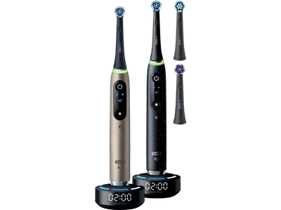 ORAL-B iO10 Doppelpack, 4 Aufsteckbürsten, Elektrische Zahnbürste Schwarz/Gold, Reinigungstechnologie: Mikrovibrationen