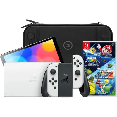 Nintendo Switch OLED Weiß + Super Mario Galaxy 1+2 + BlueBuilt Schutzhülle
