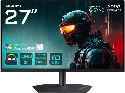 GIGABYTE MO27Q2A OLED Gaming-Monitor 27 Zoll, QHD, 280Hz, 0,03 ms, FreeSync Premium Pro, DisplayHDR True Black 400, ClearMR 15000, KVM, HDMI 2.1 Zoll QHD Gaming Monitor 0,03 ms Reaktionszeit 280 Hz