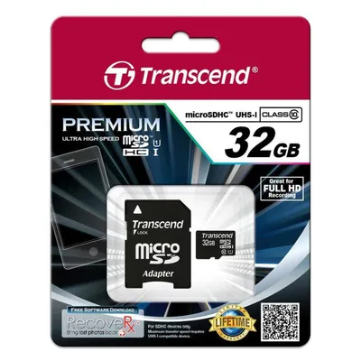 Transcend Premium 400x (32 GB, microSDHC, U1, UHS-I), Speicherkarte, Schwarz