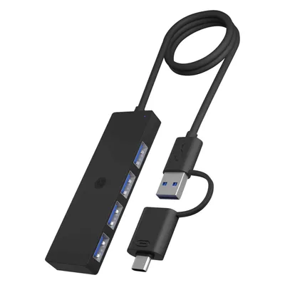 Icy Box Kompakte Multiport-Dockingstation, Hochgeschwindigkeit USB-Hub, IB-HUB1424-C3 (USB-A, USB-C, 4 Ports), Dockingstation + USB Hub, Schwarz