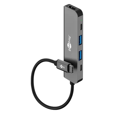 Goobay Slim 5-Port USB-Hub mit HDMI, 5 Gbit/s (USB-C, 5 Ports), Dockingstation + USB Hub, Grau