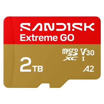 Sandisk Extreme Go (2000 GB, microSDHC, microSDXC, U3, UHS-I), Speicherkarte, Gold, Rot